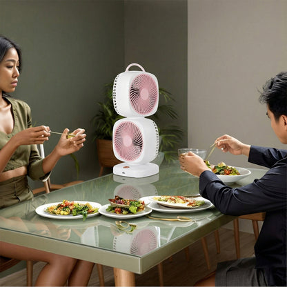 Wukusy portable dual head USB rechargeable table fan with adjustable heads and compact design.