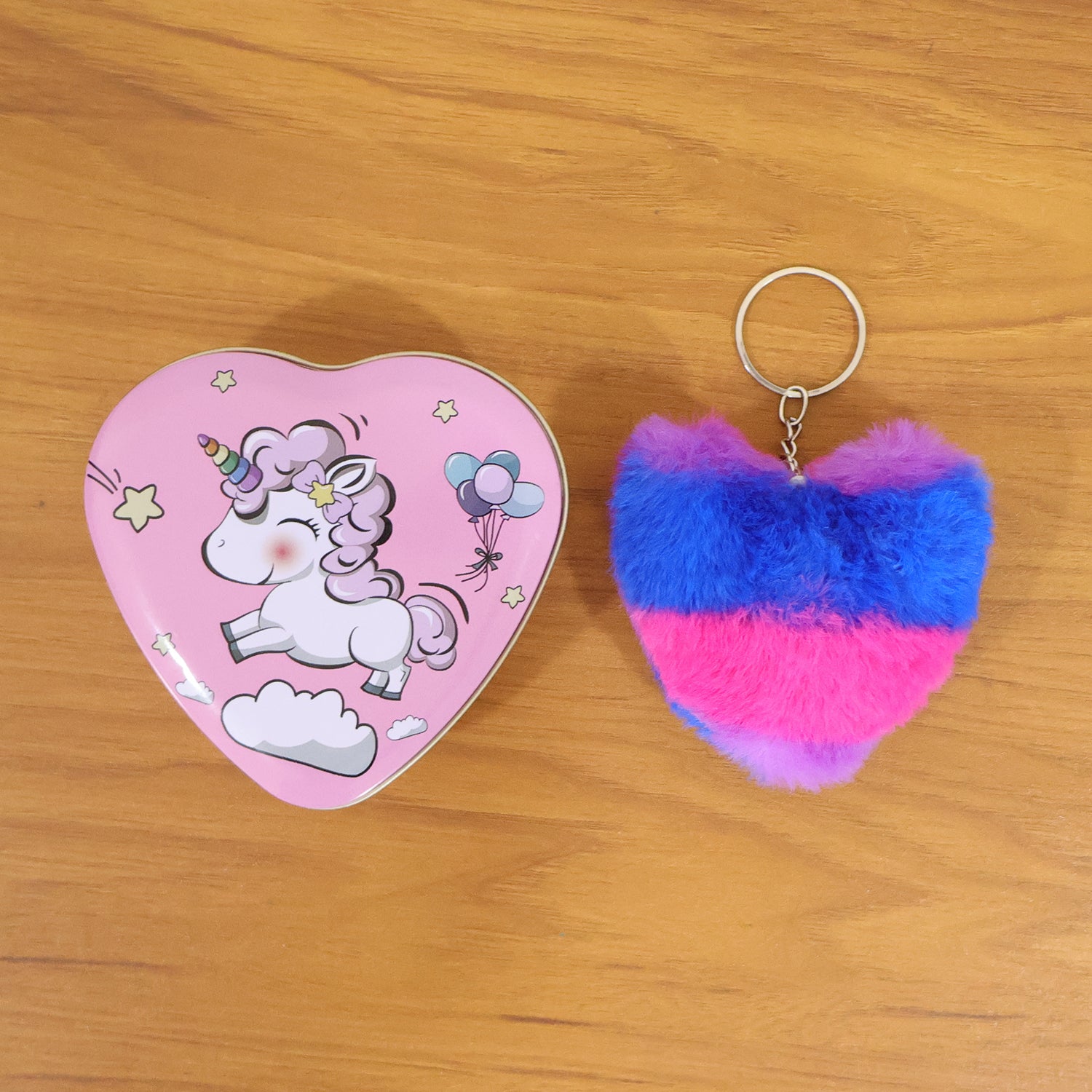 Pair of Wukusy heart-shaped plush keychains in a gift box, soft fabric with cute heart design, perfect as a charming accessory.