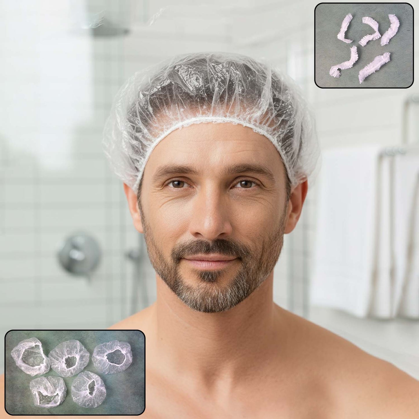 Disposable men's hair protection shower cap by Wukusy, showing five clear plastic head covers for shower or hair treatments.