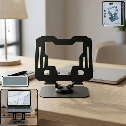 Wukusy premium adjustable foldable metal laptop stand supporting a laptop with a sleek, sturdy design and adjustable height.