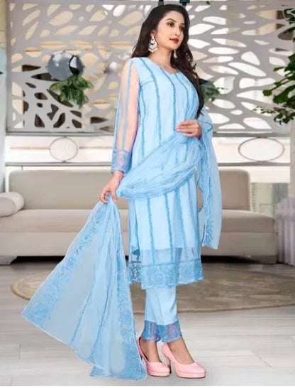 Blue women's kurta set with dupatta and bottomwear, featuring a stylish design and comfortable fit.
