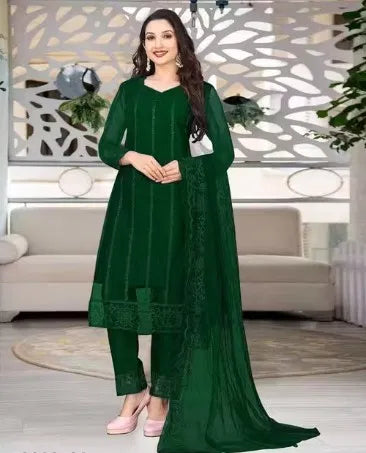 Green women's kurta set with matching dupatta and bottomwear from brand 15801, featuring a stylish traditional design.