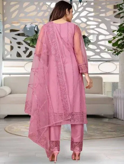 Pink women's kurta set with dupatta and bottomwear from brand 15801, featuring traditional embroidery and comfortable fit.
