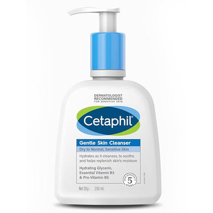 Bottle of Cetaphil Gentle Skin Cleanser 250ml, a mild skin cleanser in a clear plastic pump bottle with a white label.