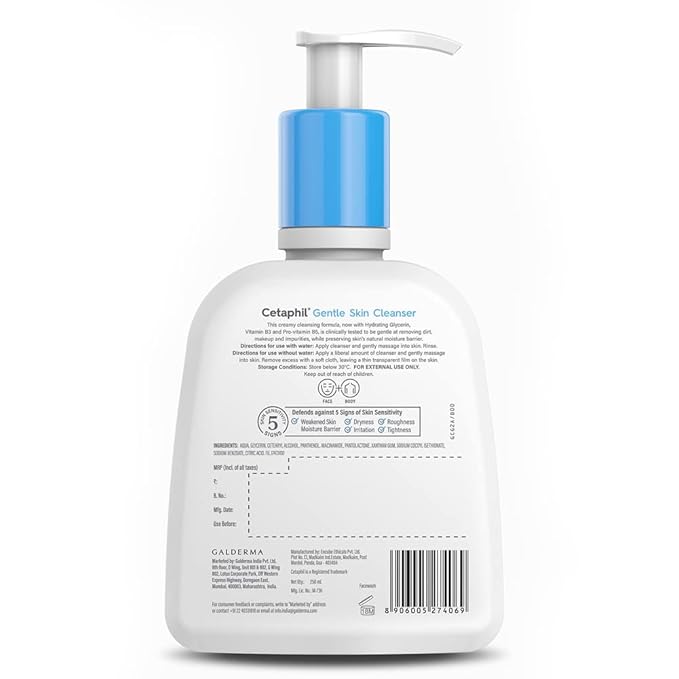 Two bottles of Cetaphil Gentle Skin Cleanser 250ml, a gentle facial cleanser in cream and gel form, displayed side by side.