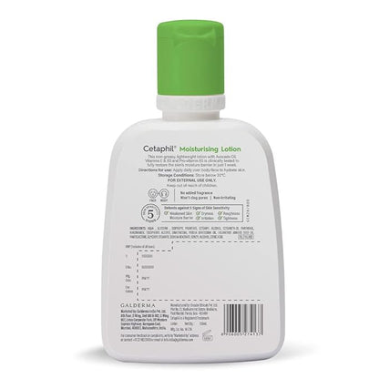 Bottle of Cetaphil Moisturizing Lotion for normal to combination sensitive skin, with a white pump and clean label.