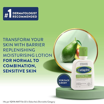Cetaphil Moisturizing Lotion for normal to combination sensitive skin, creamy texture in a white bottle, suitable for daily use.
