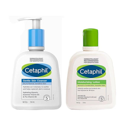 Cetaphil moisturizing lotion and gentle skin cleanser for sensitive or dry skin, displayed in their containers.