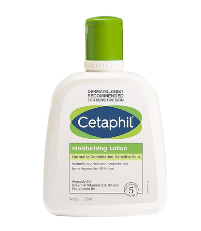 Cetaphil Moisturizing Lotion and Gentle Skin Cleanser for sensitive and dry skin, displayed in their bottles.