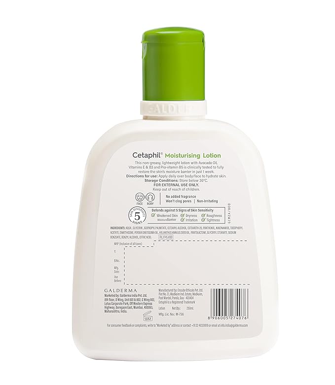 Cetaphil moisturizing lotion and gentle skin cleanser for sensitive or dry skin, shown in white bottles with blue caps.