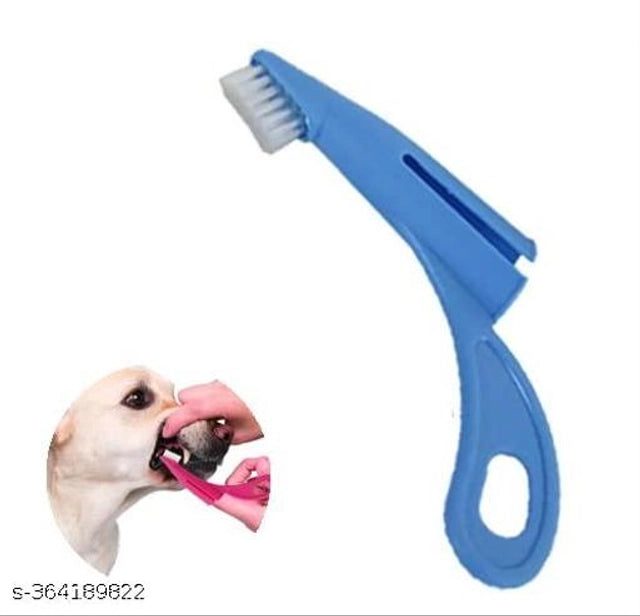 Multicolor ABS plastic dog soft toothbrush, designed for pet dental care, displayed alongside pet beds in the image.