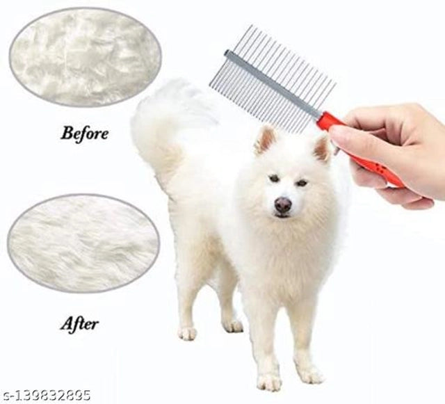 Multicolor stainless steel double-sided flea comb for pets, designed to remove fleas and loose hair effectively.