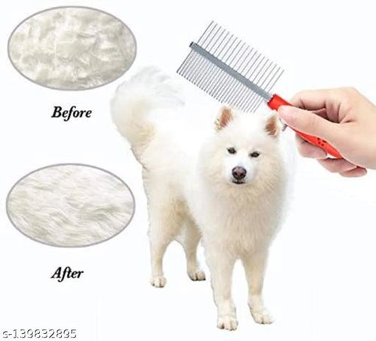 Multicolor stainless steel double-sided flea comb for pets, designed to remove fleas and loose hair effectively.