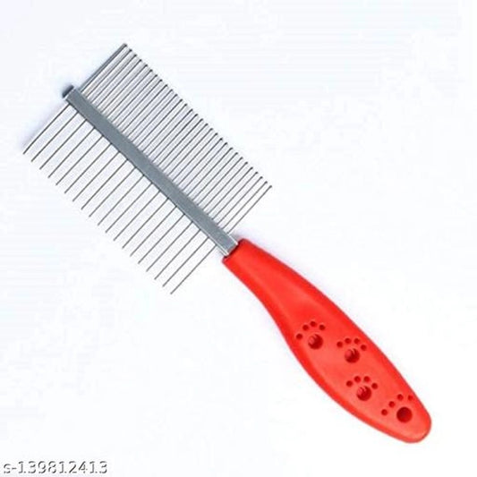 Red stainless steel double-sided flea comb for pets, designed to remove fleas and tangles from pet fur.