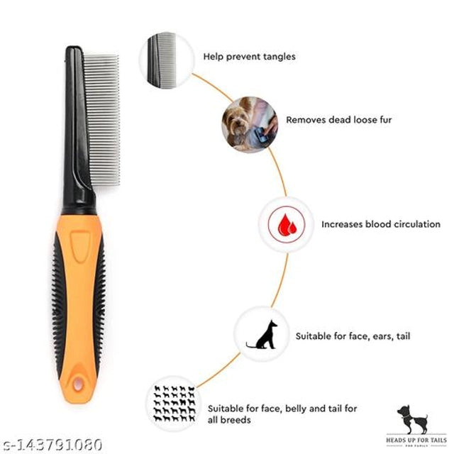 Multicolor stainless steel flea comb for pets, designed to remove fleas and debris from fur, featuring a durable, ergonomic handle.
