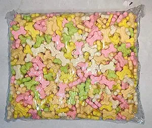 Dog enjoying Milk Biscuits for Dogs, 1500g, in front of pet bed; brand 15929, treats for dogs.