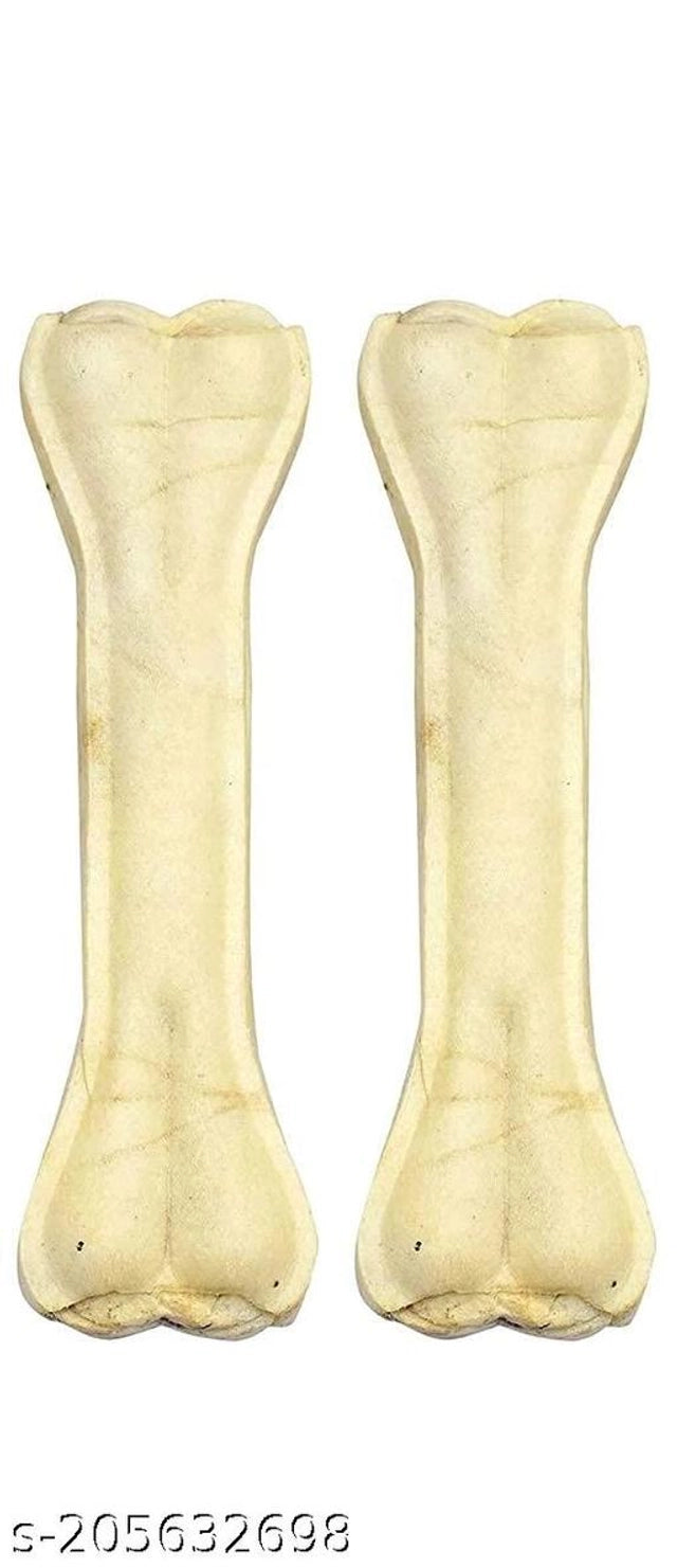 Pair of 7-inch rawhide bone treats for dogs, displayed on a pet bed, from brand 15929, in a pack of two.