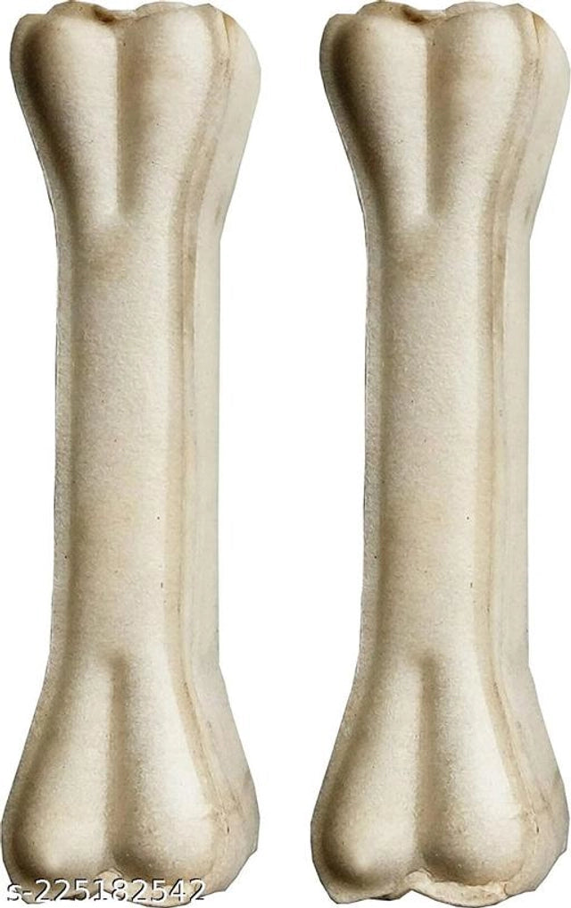 Two 8-inch rawhide bone treats for dogs, displayed on a pet bed, from the 15929 brand, ideal for chewing and dental health.