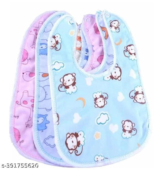 Set of three multicolor cotton baby bibs, designed for infants, featuring soft fabric and cute patterns.