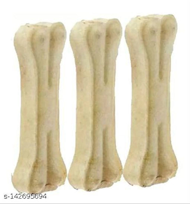 Set of three 4-inch rawhide bone dog treats, natural and durable, ideal for chewing and dental health.