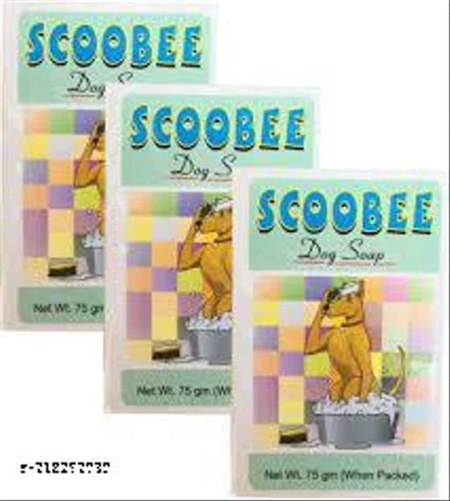 Scoobee 3-in-1 Veterinary Pet Soap bottles shown, 225 ml each, in a pack of three, designed for pet bathing and grooming.