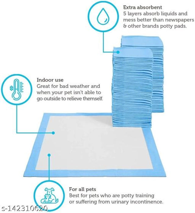 Multicolor waterproof dog pee pads for pets, 60x90 cm, from 15929, shown in a pack of five on a pet bed.