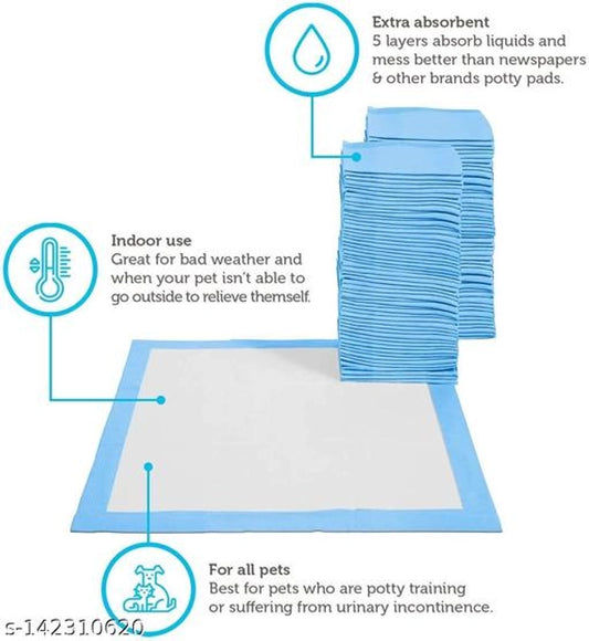 Multicolor waterproof dog pee pads for pets, 60x90 cm, from 15929, shown in a pack of five on a pet bed.