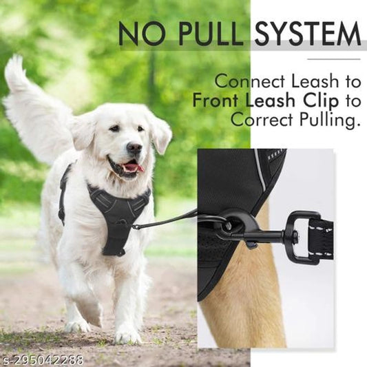Multicolor fabric dog harness for large dogs, shown on a pet bed, designed for comfort and secure fit.