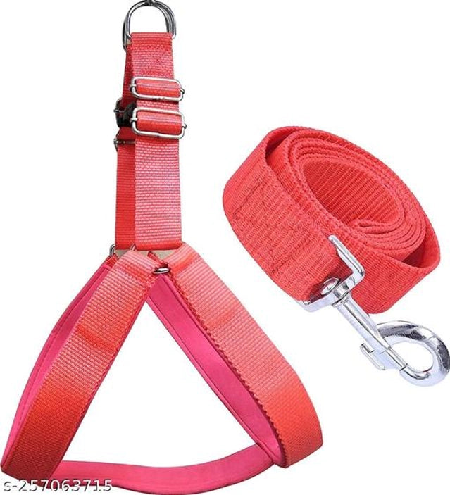 Red fabric dog harness with 5-foot leash, XL size, adjustable straps, and padded design for comfortable pet walking.