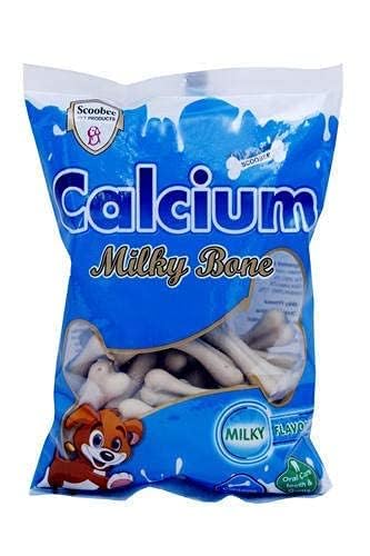 Ceru Paws vegetarian calcium milk bone dog treats in a packet, showing 25 bone-shaped treats for puppies and dogs.