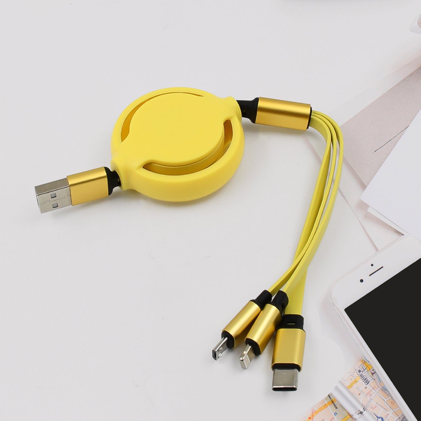 Wukusy 3-in-1 retractable charging cable with mix color for mobile devices, showing the cable extended with multiple connectors visible.