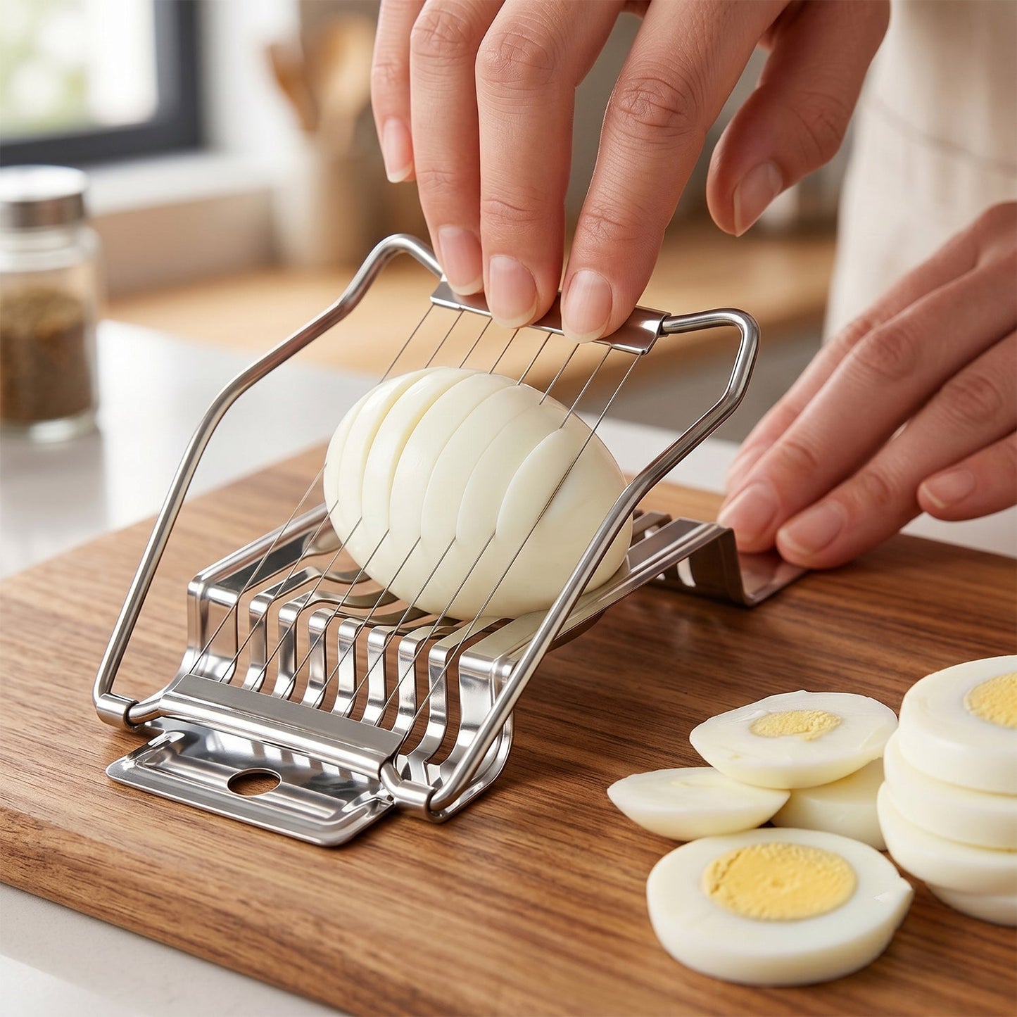 Wukusy stainless steel egg slicer cutter for boiled eggs, with stainless steel blades and ergonomic handle for easy slicing.