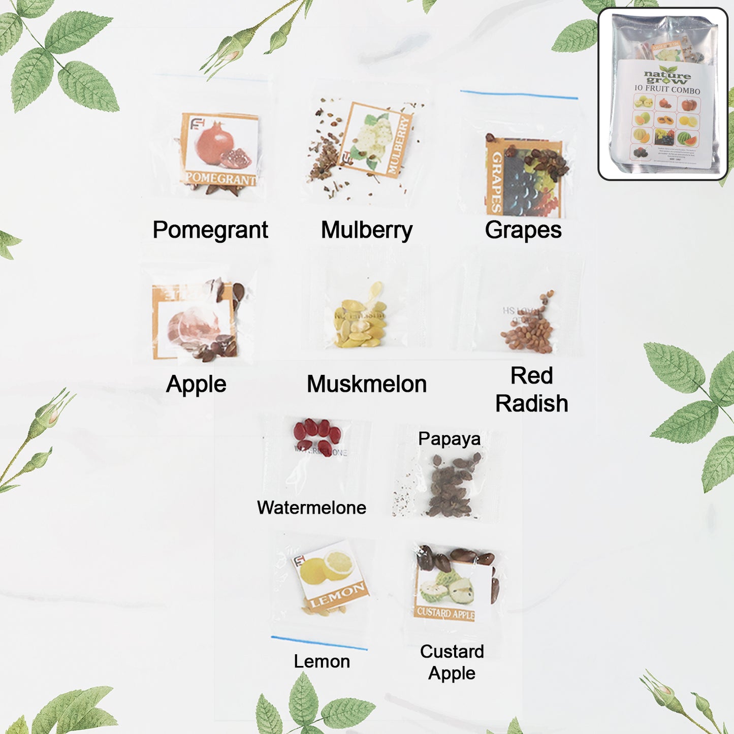 Wukusy fruit seeds combo pack with 10 different seed varieties for home gardening and planting.