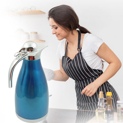 Stainless steel vacuum insulated kettle jug with 2L capacity, ideal for hot beverages at home, office, or travel.