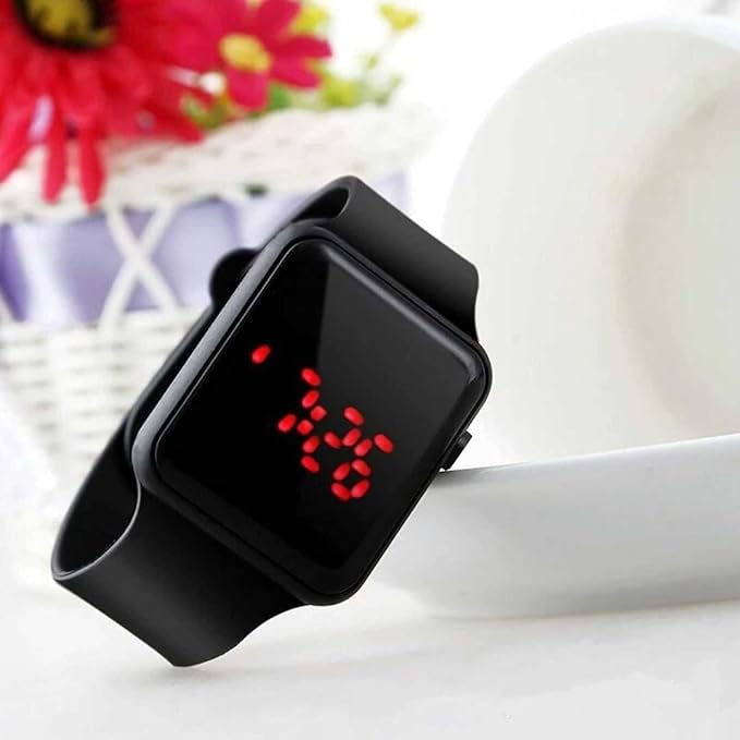 Black LED digital watch for kids from 16001, showing time display on a sleek, kid-friendly digital wristwatch.