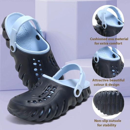Men's blue and black clogs by 16069, casual slip-on footwear with open back and comfortable design for everyday wear.