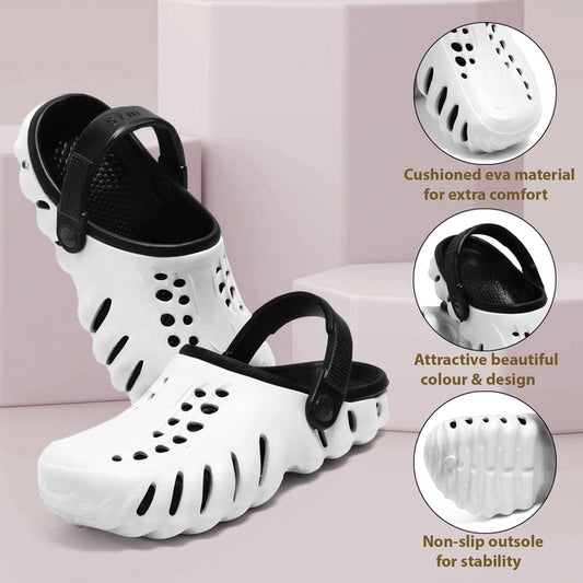Black and white men's clogs by 16069, casual slip-on footwear for men, featuring comfortable design and durable construction.