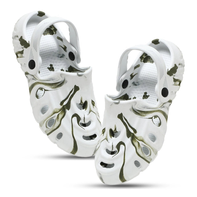 Men's green and white clogs by 16069, casual footwear with open heel and slip-on design, suitable for everyday wear.