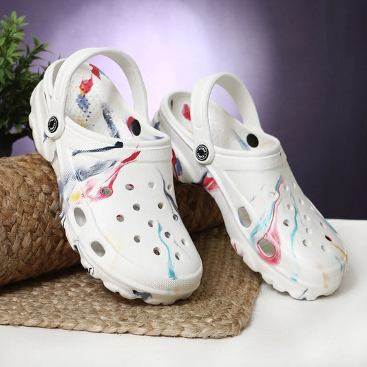 Multicolor men's clogs by 16069, showcasing comfortable slip-on footwear with vibrant color accents and sturdy soles.