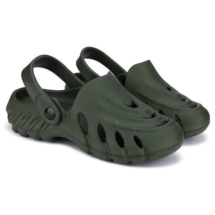 Men's olive green clogs from 16069, featuring a comfortable slip-on design and durable sole for everyday wear.