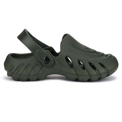 Men's olive-colored clogs by 16069, showcasing comfortable slip-on footwear with open heel design and sturdy sole.