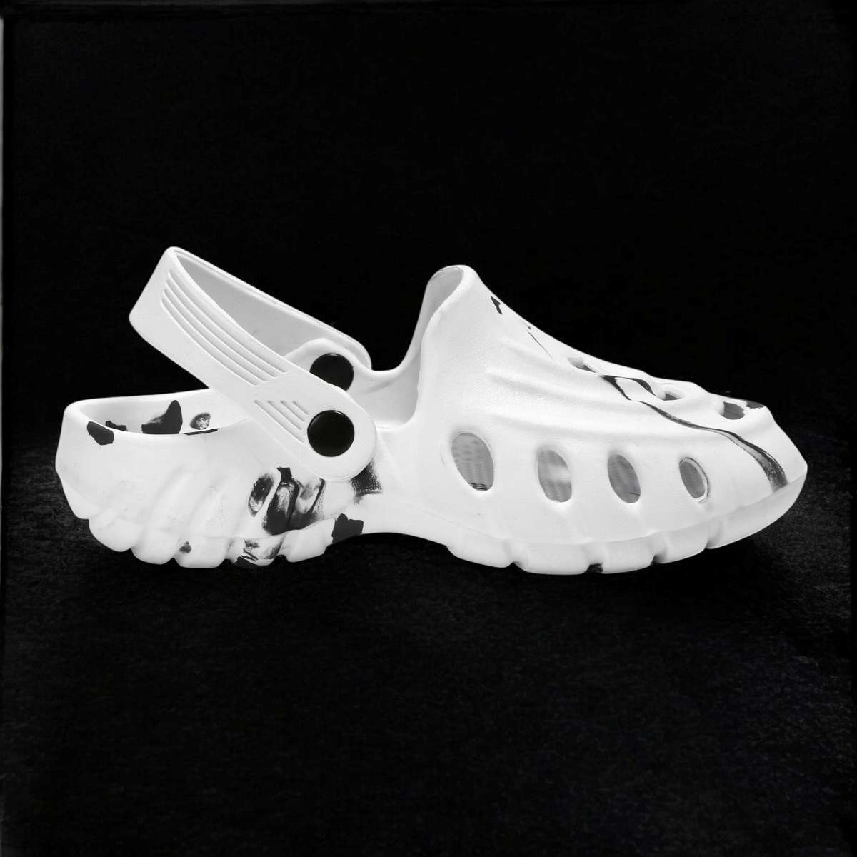 Men's black and white clogs by 16069, showcasing comfortable slip-on footwear for casual wear.