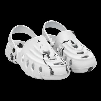 White and black men's clogs by 16069 featuring comfortable slip-on design and durable material.