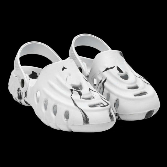 White and black men's clogs by 16069 featuring comfortable slip-on design and durable material.