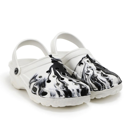 Men's white and black clogs by 16069, casual slip-on footwear with open back and comfortable design for everyday wear.