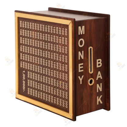 Wooden piggy bank from 16079, a classic money bank with a smooth finish and a coin slot on top.