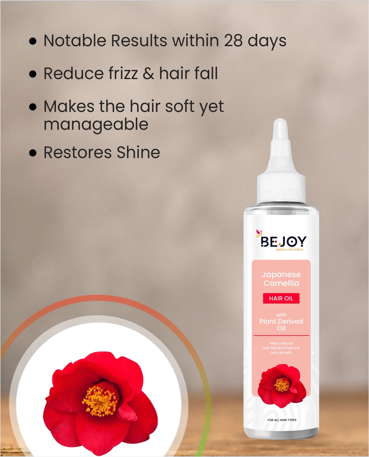 Bejoy Japanese Camellia Hair Oil used on a hair curler, showcasing shiny, styled hair with the product bottle in the background.