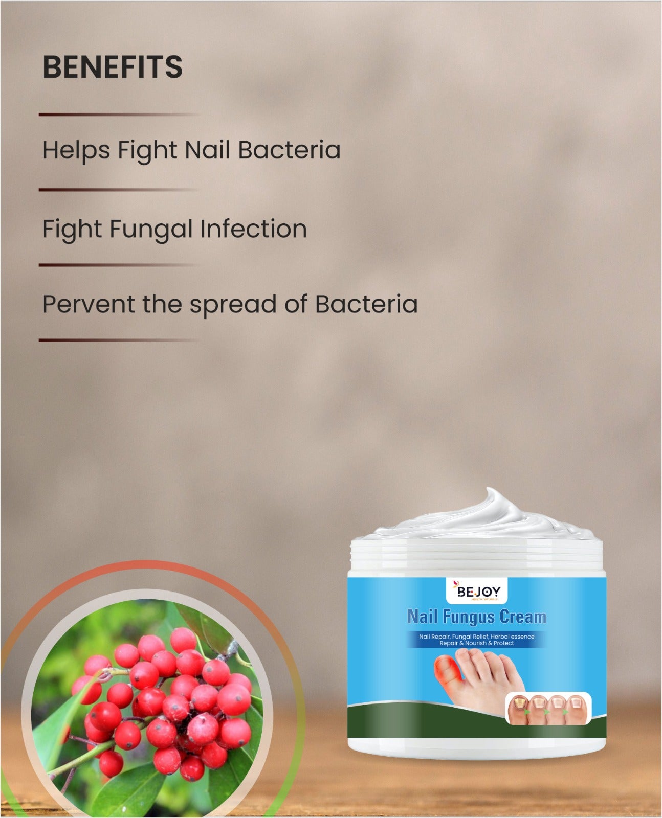 Nail Fungus Treatment Cream from 16182, a nail care product for fungal infection, showing the cream tube and nail close-up.