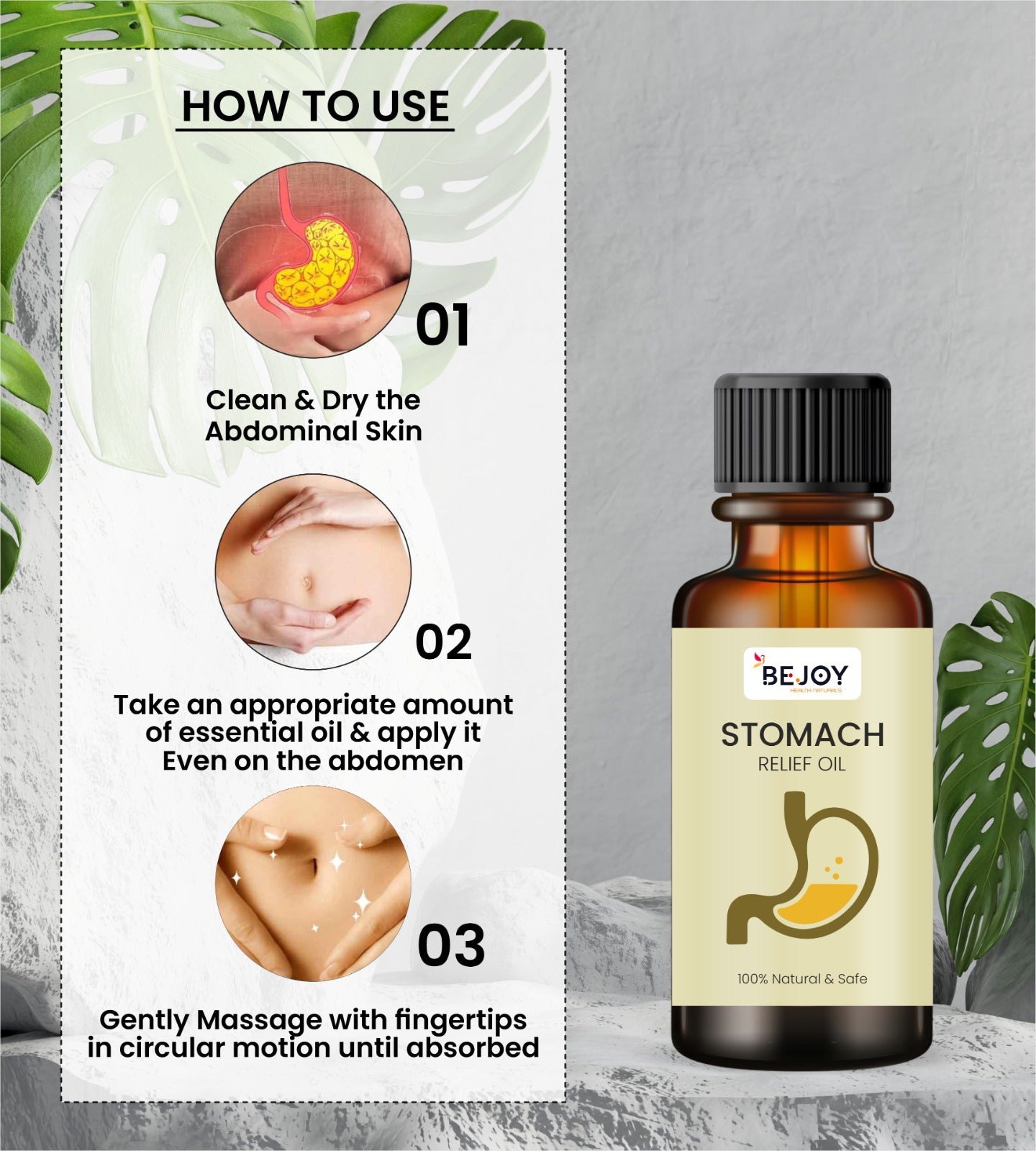 Stomach relief oil from brand 16182, a pain relief ointment with a small amber bottle and dropper for soothing stomach discomfort.
