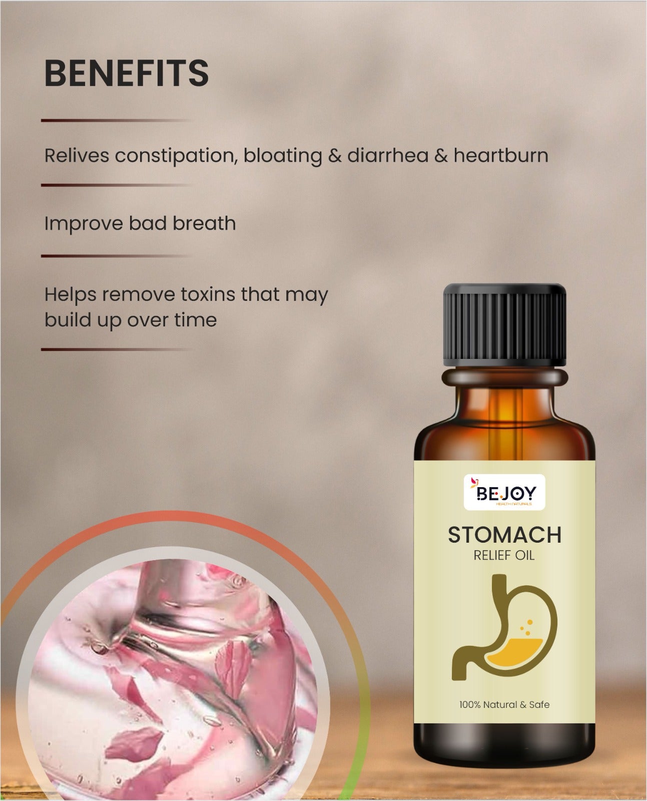Bottle of 16182 Stomach Relief Oil, a pain relief ointment for stomach discomfort, with a white label and dropper cap.